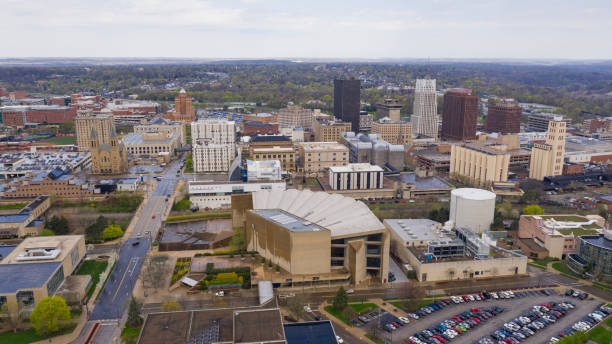 istock Soft white clouds appear after rain storm in downtown Akron, Ohio 1164760588