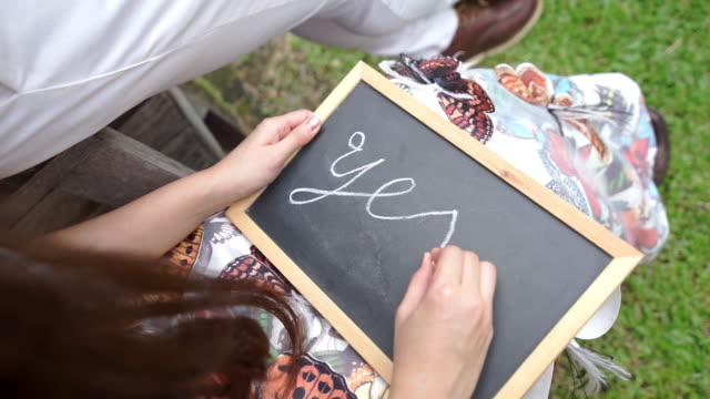 Wedding concept with handwriting on a blackboard with the text “Yes” written on it.