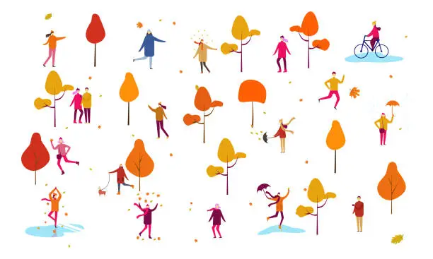 Vector illustration of autumn fall thanksgiving people outdoor home cartoon vector illustration scene set, man woman couples children walk with umbrellas, dogs, spend time in the park, ride bikes, read book, paint.