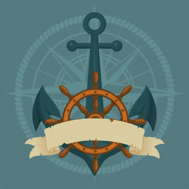 Vector illustration of Ship's wheel, anchor and vintage ribbon with rose of the wind and rope silhouettes. Naval vector illustration. Adventure, danger, exploration, piracy symbol.