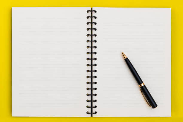 istock Business copy space, luxury spiral open notebook with blank pages and pen, top view 1164765920