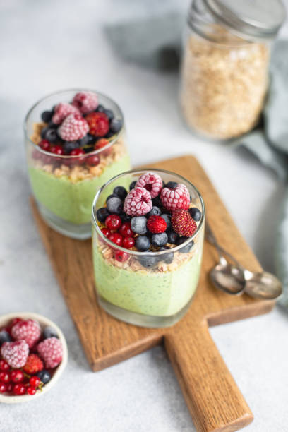 istock Chia pudding with matcha, granola and fresh berries. Selective focus. 1164767762