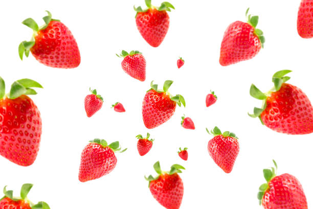 Photograph of fresh strawberries falling isolated on white background. Selective focus stock photo