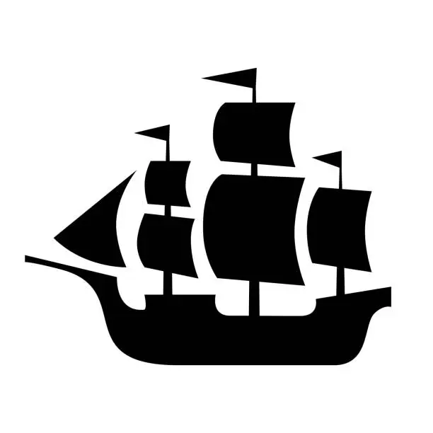 Vector illustration of Ancient sailboat, medieval caravel, pirate ship, navigate vessel (vector silhouette).