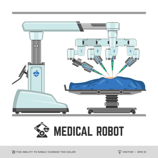 illustrazioni stock, clip art, cartoni animati e icone di tendenza di illustrazione piatta del robot medico con chirurgia assistita da robot sanitario per il mockup del colore a funzionamento remoto (la possibilità di cambiare facilmente il colore) e icona del glifo. - chirurgia robotica
