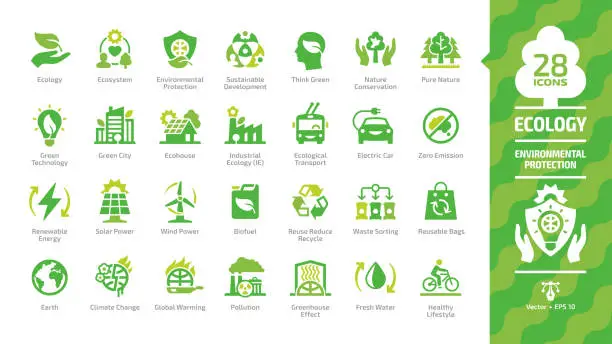 Vector illustration of Ecology green icon set with ecological city, eco technology, renewable energy, environmental protection, sustainable development, nature conservation, climate change and global warming symbols.