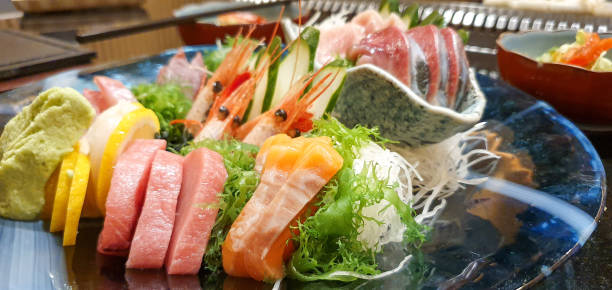Close up a set of Sashimi Japanese food in the restaurant