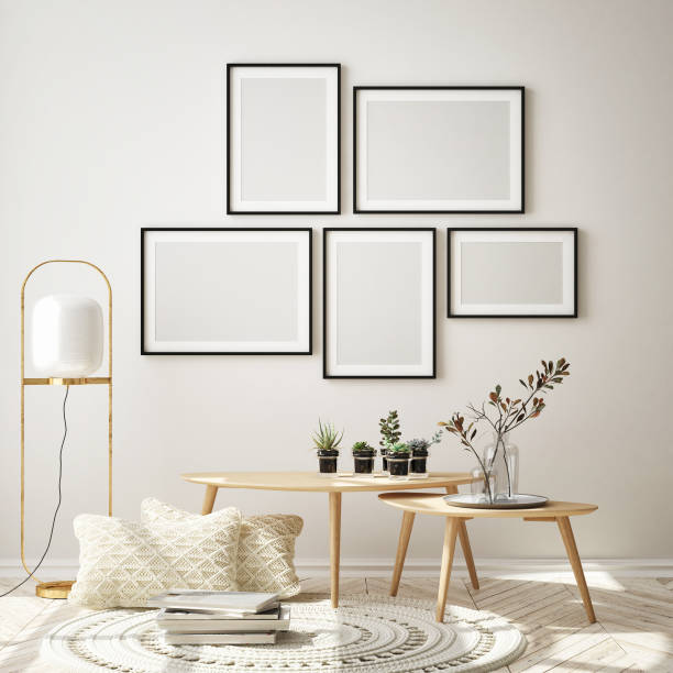 istock mock up poster frame in modern living room interior background, scandinavian style, 3D render 1164774206