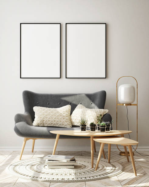 istock mock up poster frame in modern living room interior background, scandinavian style, 3D render 1164774713