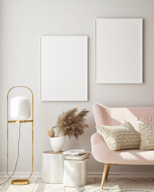 istock mock up poster frame in modern living room interior background, scandinavian style, 3D render 1164774749