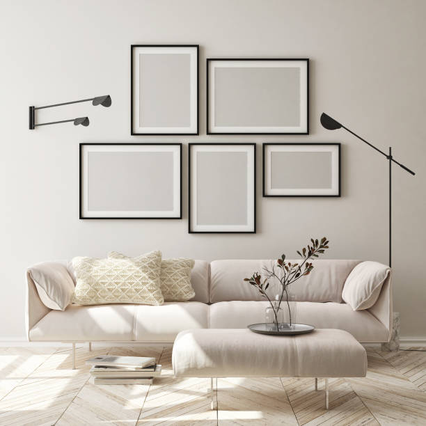 istock mock up poster frame in modern living room interior background, scandinavian style, 3D render 1164774752