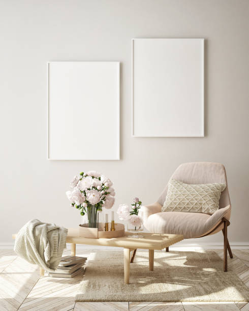 istock mock up poster frame in modern living room interior background, scandinavian style, 3D render 1164774756