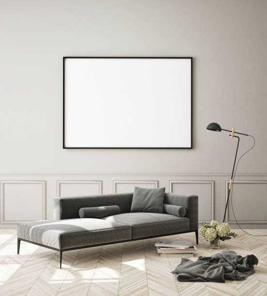 istock mock up poster frame in modern living room interior background, scandinavian style, 3D render 1164774757