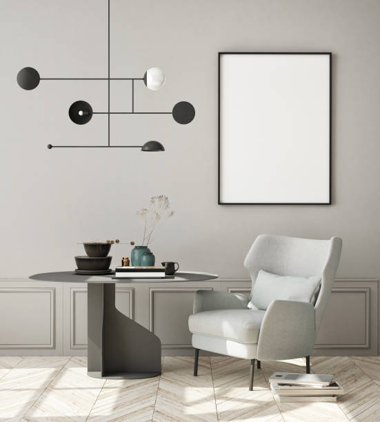 istock mock up poster frame in modern living room interior background, scandinavian style, 3D render 1164774760
