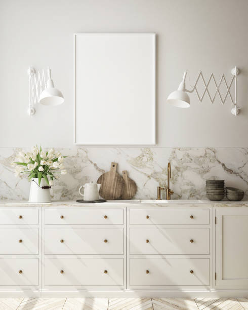 istock mock up poster frame in hipster kitchen interior background, scandinavian style, 3D render 1164775273