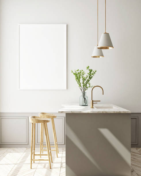 istock mock up poster frame in hipster kitchen interior background, scandinavian style, 3D render 1164775274