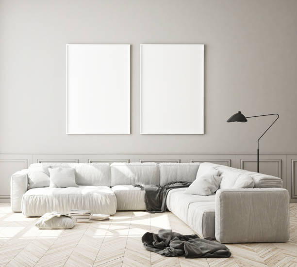 istock mock up poster frame in modern living room interior background, scandinavian style, 3D render 1164775275
