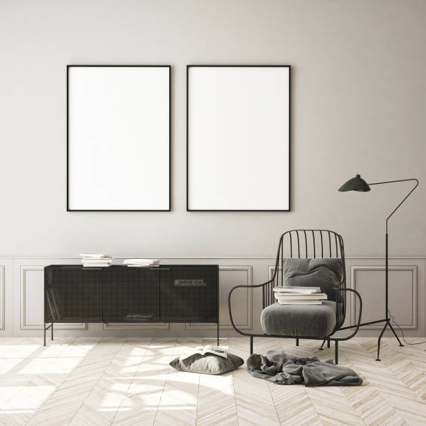 istock mock up poster frame in modern living room interior background, scandinavian style, 3D render 1164775299