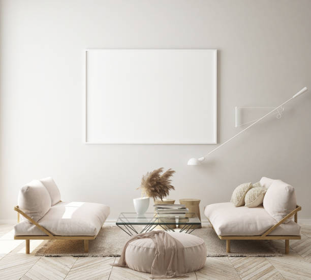 istock mock up poster frame in modern living room interior background, scandinavian style, 3D render 1164775300