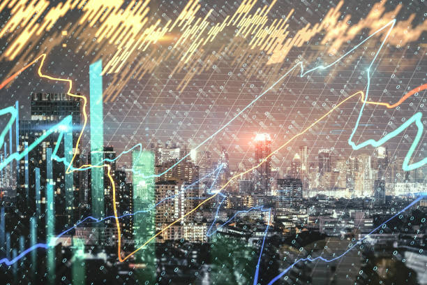 istock Abstract forex chart on city wallpaper 1164783041
