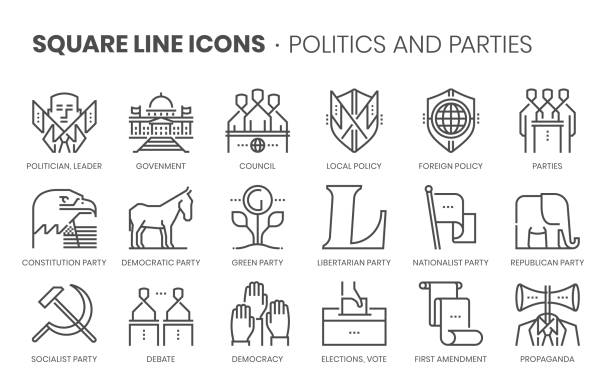 ilustraciones, imágenes clip art, dibujos animados e iconos de stock de política y fiestas relacionadas, conjunto de iconos vectoriales de línea cuadrada - hoz y martillo