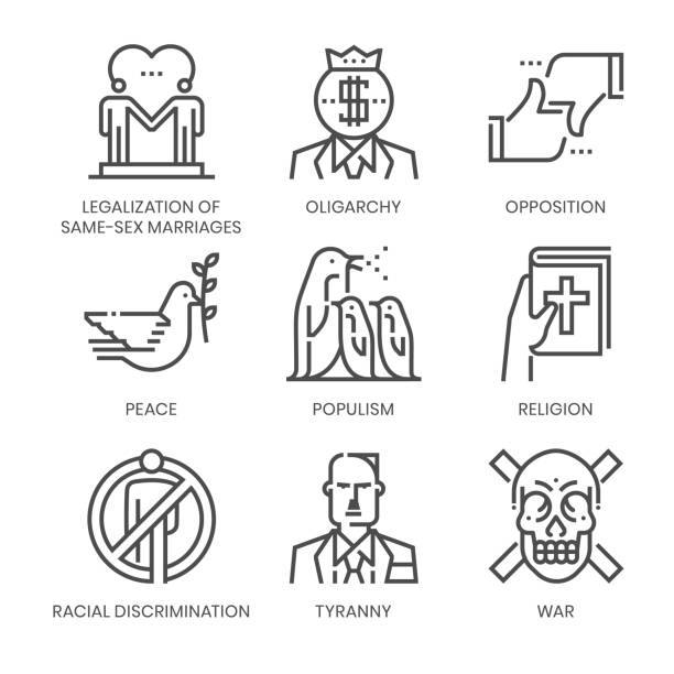 Political agenda related, square line vector icon set Political agenda related, square line vector icon set for applications and website development. The icon set is pixelperfect with 64x64 grid. Crafted with precision and eye for quality. penguins fighting stock illustrations