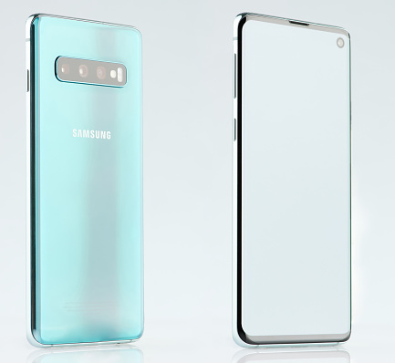 New york, USA - June 28, 2019: Isometric view of Samsung galaxy s10 isolated on white studio background