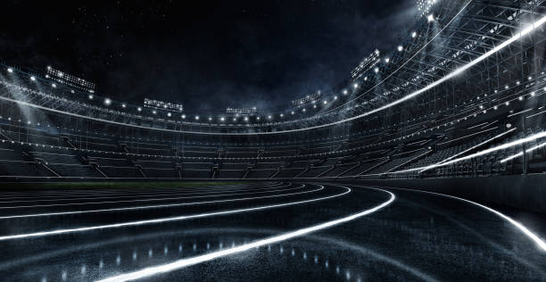 sport backgrounds. futuristic neon glowing soccer stadium and running track. dramatic scene. 3d render image. - starting line sprinting track and field track event imagens e fotografias de stock