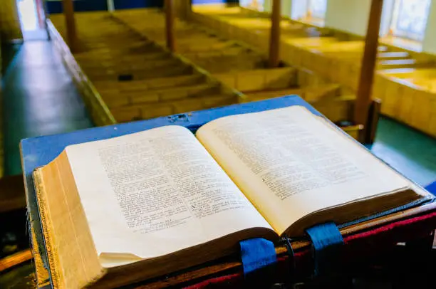 A bible sits open on the altar of a Presbyterian church in Northern Ireland