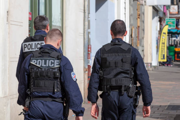 Policemen in bulletproof vest in Marseille stock photo