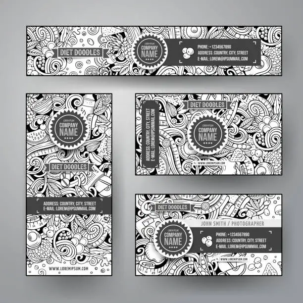 Vector illustration of Corporate Identity vector templates set design with doodles hand drawn Diet food theme. Line art banner, id cards, flayer design. Templates set