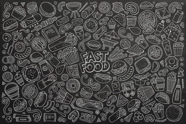Vector set of Fast food objects and symbols Line art vector hand drawn doodle cartoon set of fastfood objects and symbols fast food stock illustrations