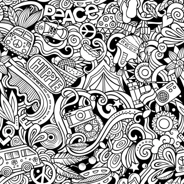 Vector illustration of Hippie hand drawn doodles seamless pattern. Hippy background.