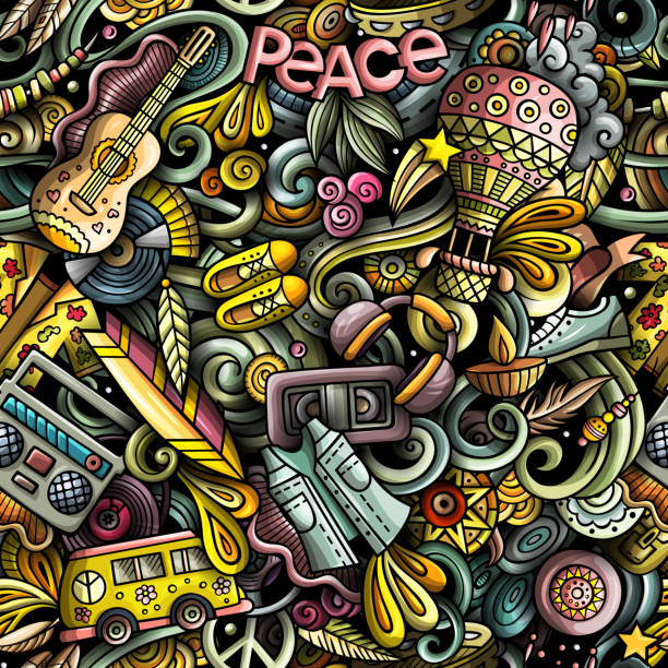 Hippie hand drawn doodles seamless pattern. Hippy background. Hippie hand drawn doodles seamless pattern. Hippy background. Cartoon fabric print design. Colorful vector illustration. All objects are separate. hippie car stock illustrations