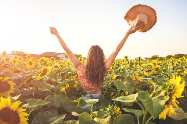 istock Happy woman in sunflower field 1164793642