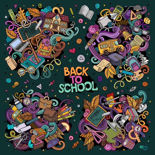 Vector set of Back to school combinations of objects and elements Colorful vector hand drawn doodles cartoon set of Back to school combinations of objects and elements funny-school-bus stock illustrations