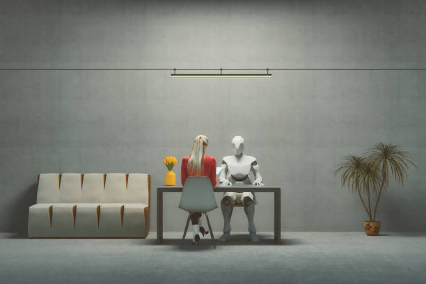 Job interview with futuristic cyborg Job interview with futuristic cyborg. This is entirely 3D generated image. interrogation woman stock pictures, royalty-free photos & images