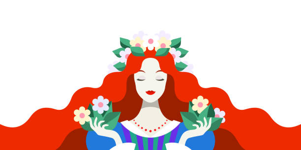 髪に花を持つ女性 - single flower flower red daisy点のイラスト素材／クリップアート素材／マンガ素材／アイコン素材