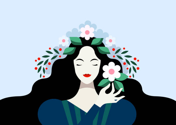ilustraciones, imágenes clip art, dibujos animados e iconos de stock de mujer morena con flores - human head illustration and painting women color image