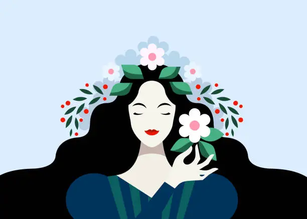 Vector illustration of Brunette woman with flowers
