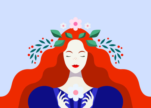 花を持つ赤毛の女性 - single flower flower red daisy点のイラスト素材／クリップアート素材／マンガ素材／アイコン素材