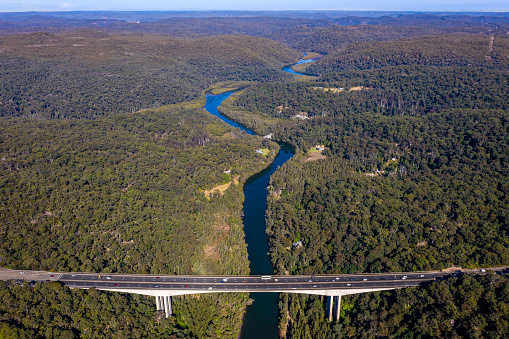 Pacific Motorway, Mooney Mooney Bridge, on the Mooney Mooney Creek, NSW, Australia, aerial view.