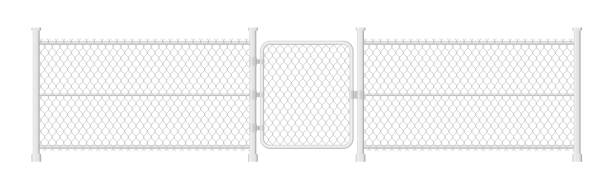 istock Realistic chain link fence with closed gate. Metal wire fence isolated vector illustration. 1164800137