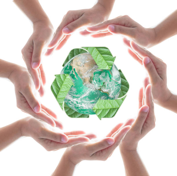 istock Collaborative human hands protecting green planet with recycle arrow sign leaf isolated on white background: Recycle reduce reuse eco business CSR concept: Element of image furnished by NASA 1164801502