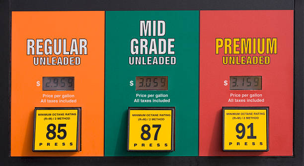 Colorado gas prices at a pump Colorado gas prices at a pump with press buttons - regular, mid grade and premium unleaded fuel pump photos stock pictures, royalty-free photos & images