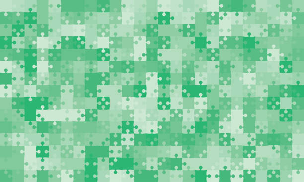 Background with jigsaw puzzle 375 green pieces, details, items, parts. Puzzle background, banner, blank. Vector jigsaw section template. Background with puzzle 375 green separate pieces, mosaic, details, tiles, parts. Rectangle outline abstract jigsaw. Game group detail. undivided highway stock illustrations