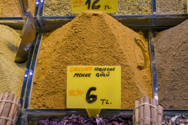 istock Carcade hibiscus powder in a heap in spice shop 1164802499