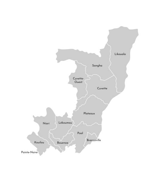 vektor isolierte abbildung der vereinfachten verwaltungskarte der republik kongo. grenzen und namen der abteilungen (regionen). graue silhouetten. weißer umriss - pointe noire stock-grafiken, -clipart, -cartoons und -symbole