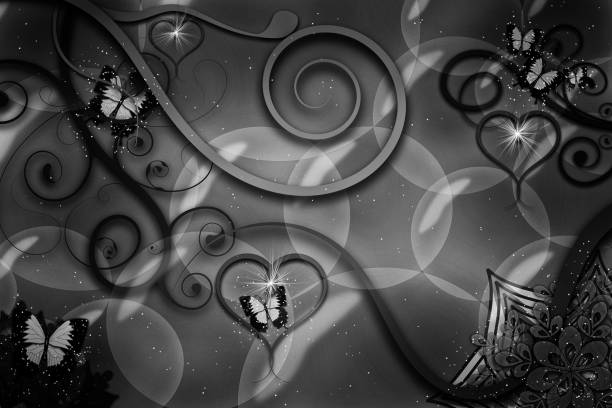 illustrations, cliparts, dessins animés et icônes de une illustration de la nature surréaliste et abstraite de papillons volants, de vignes rampantes, de cœurs scintillants, de bulles flottantes, de fleurs et de feuilles dans un monde fantastique de monochrome noir et blanc. - spring abstract insect dreams