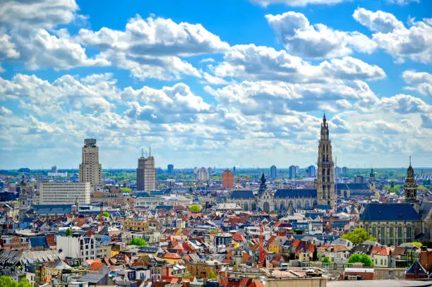 An aerial view of Antwerp (Antwerpen), Belgium on a sunny day.